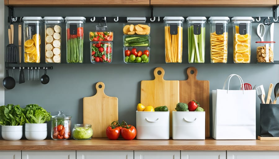 Well-organized kitchen counter with essential snack meal prep tools and containers