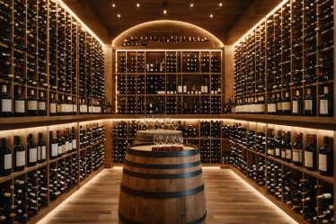 Elegant wine cellar with neatly organized rows of wine bottles, showcasing luxury investment-grade wines under warm lighting, reflecting the theme of smart wine investing.
