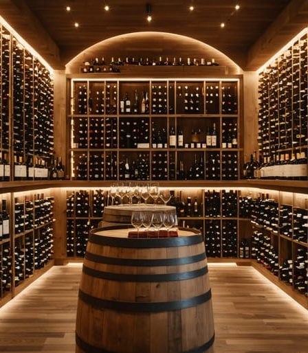 Elegant wine cellar with neatly organized rows of wine bottles, showcasing luxury investment-grade wines under warm lighting, reflecting the theme of smart wine investing.