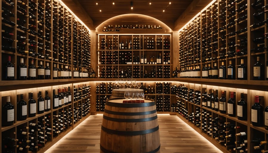Elegant wine cellar with neatly organized rows of wine bottles, showcasing luxury investment-grade wines under warm lighting, reflecting the theme of smart wine investing.