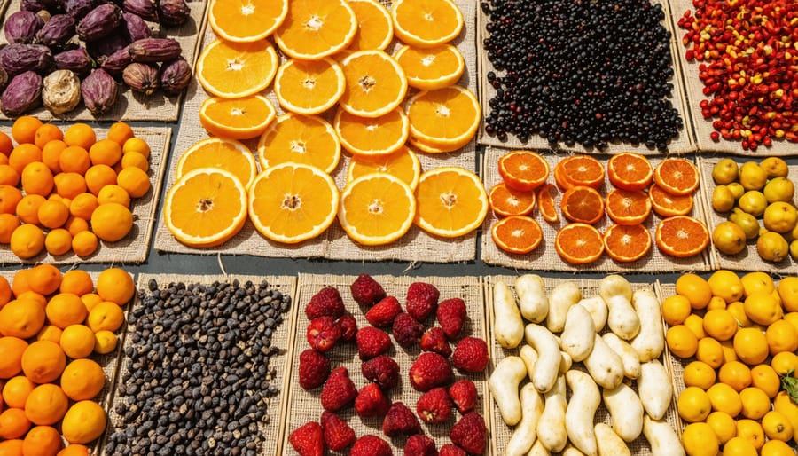 Vibrant display of apricots, tomatoes, and other fruits being sun-dried on woven mats
