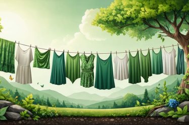 A conceptual illustration depicting eco-friendly fabrics like organic cotton, recycled polyester, and hemp transforming into stylish clothing, set against a picturesque natural landscape, symbolizing the harmony between sustainable fashion and the environment.