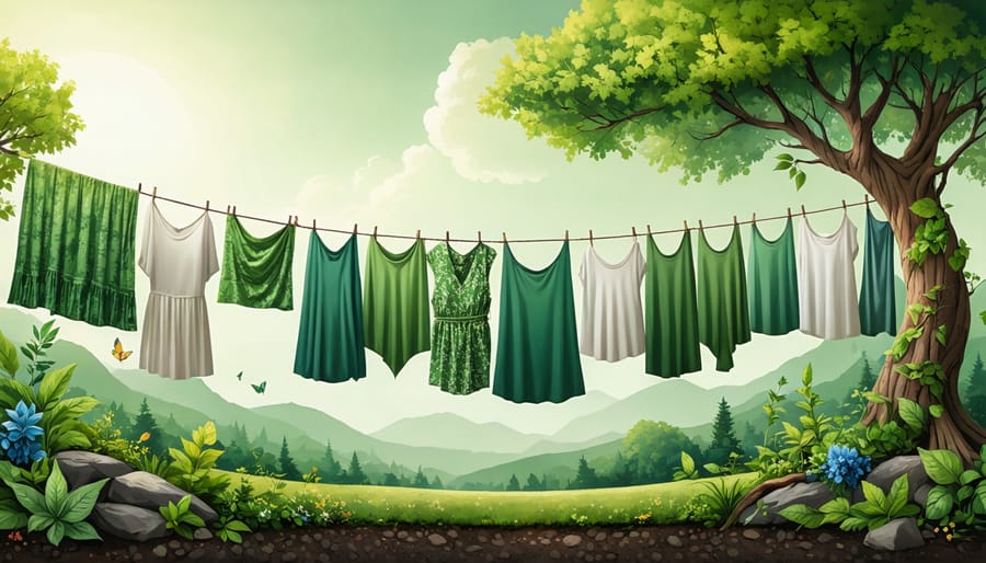 A conceptual illustration depicting eco-friendly fabrics like organic cotton, recycled polyester, and hemp transforming into stylish clothing, set against a picturesque natural landscape, symbolizing the harmony between sustainable fashion and the environment.