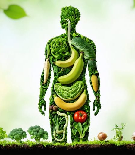 Conceptual illustration of a human silhouette with an internal garden representing prebiotic foods like chicory roots and bananas feeding gut bacteria, showcasing the relationship between prebiotic fiber and gut health.