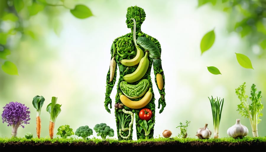 Conceptual illustration of a human silhouette with an internal garden representing prebiotic foods like chicory roots and bananas feeding gut bacteria, showcasing the relationship between prebiotic fiber and gut health.