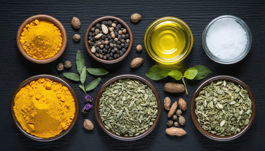 Traditional natural beauty ingredients from various cultures displayed on wooden surface