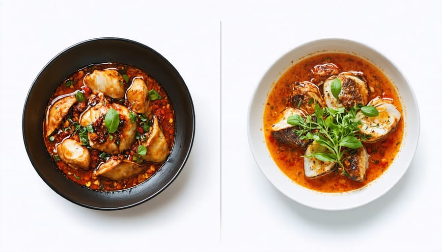 Side-by-side comparison of traditional beef bourguignon and its modern deconstructed version