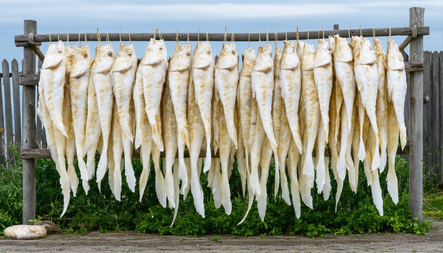 Wooden racks filled with salted cod fish drying in the open air by the sea