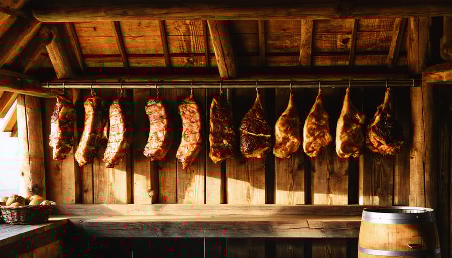 Interior view of a historic smokehouse showing various meats hanging from wooden beams with smoke visible
