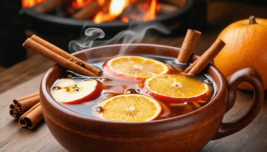 Traditional wassail drink served in a decorative bowl with floating spices and fruit garnish