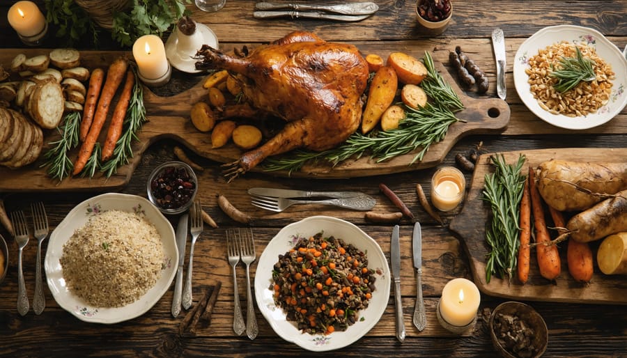 Traditional Yule feast spread with various dishes on a decorated table