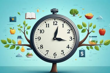 An illustration of a clock with its hands at a 90-degree angle, surrounded by a tree with branches representing personal growth goals such as fitness, learning, nutrition, and financial progress.