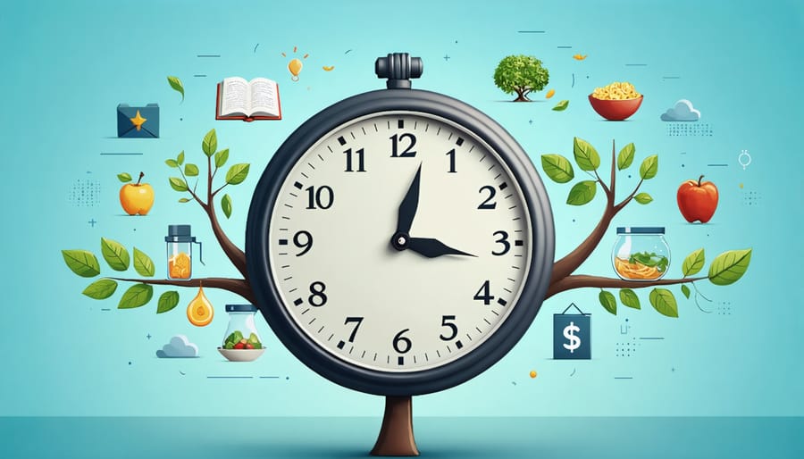 An illustration of a clock with its hands at a 90-degree angle, surrounded by a tree with branches representing personal growth goals such as fitness, learning, nutrition, and financial progress.