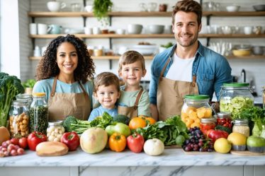 Family working together to reorganize their kitchen pantry by removing processed foods and setting up zones for healthy ingredients, such as fruits, vegetables, and whole grains.