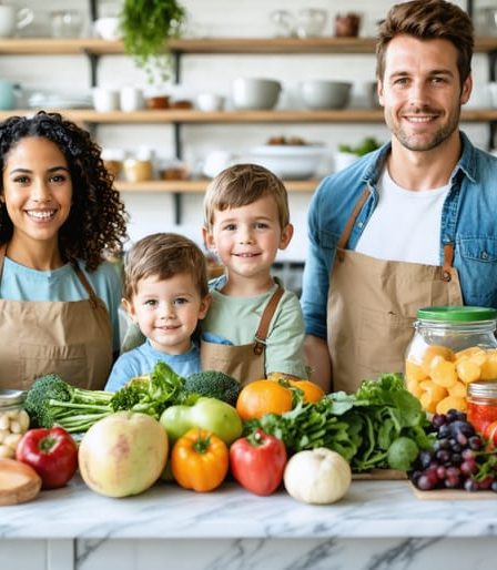 Family working together to reorganize their kitchen pantry by removing processed foods and setting up zones for healthy ingredients, such as fruits, vegetables, and whole grains.