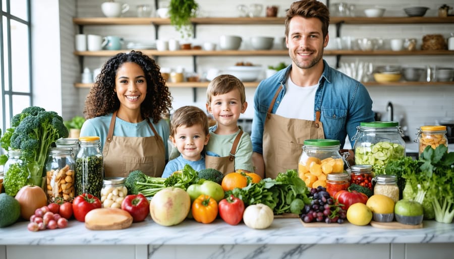 Family working together to reorganize their kitchen pantry by removing processed foods and setting up zones for healthy ingredients, such as fruits, vegetables, and whole grains.