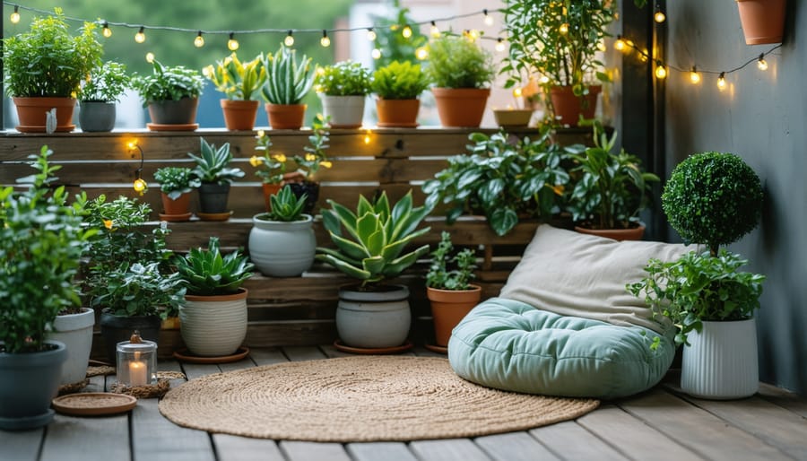 Urban balcony transformed into natural wellness retreat with plants and seating