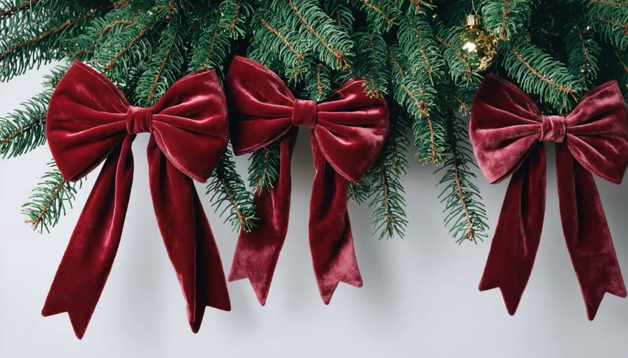 Handmade velvet bow ornaments in rich burgundy displayed on Christmas tree
