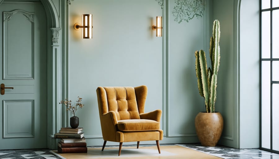Vintage armchair styled with modern accessories and lighting