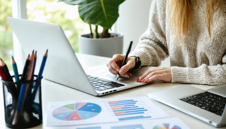 Individual reviewing weekly progress on quarterly goals using digital and paper tracking methods