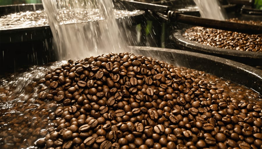 Wet processing of coffee beans in fermentation tanks at a coffee processing facility