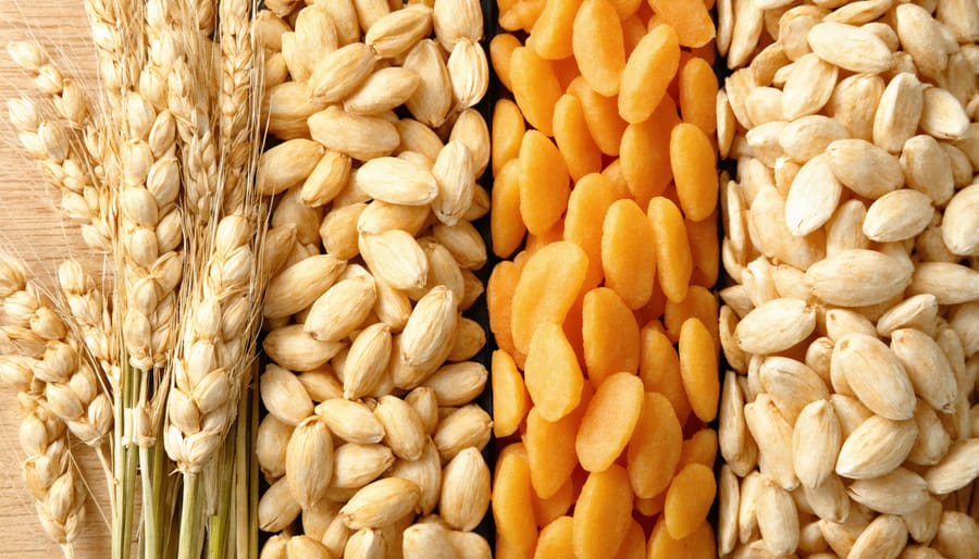 Side-by-side comparison of natural wheat kernels and processed whole grain products