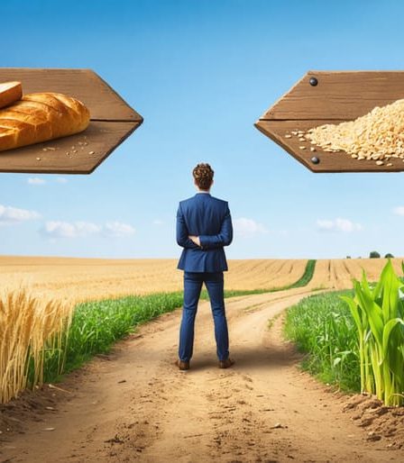 An individual at a crossroads choosing between conventional whole grains and ancient grain alternatives, represented by signposts amidst fields of wheat and diverse crops.