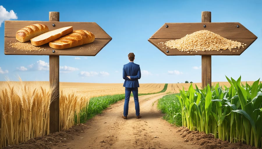 An individual at a crossroads choosing between conventional whole grains and ancient grain alternatives, represented by signposts amidst fields of wheat and diverse crops.