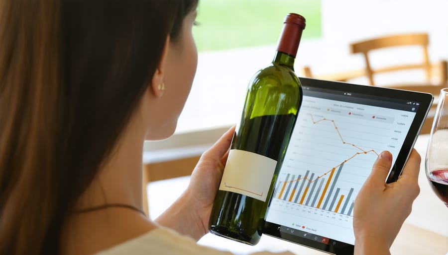 Female investor analyzing wine investment details on tablet while inspecting wine bottle