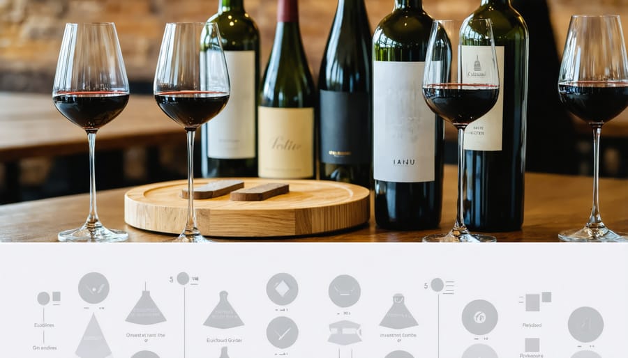 Professional wine tasting setting with tasting notes, reference books, and fine wines