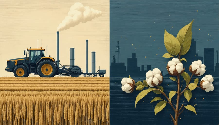Side-by-side comparison of traditional yarn manufacturing and eco-friendly cotton harvesting