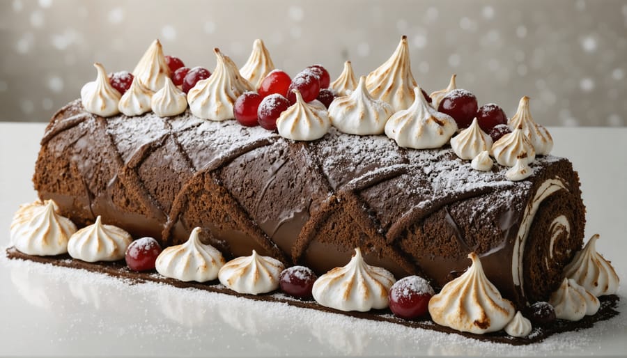 Festive chocolate Yule log cake decorated with traditional holiday garnishes