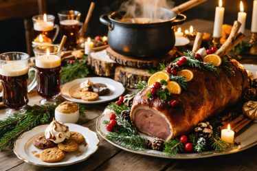 A festive Yule feast showcasing roasted wild game, honey and spice cookies, and a Yule log cake, with wassail steaming in the background, surrounded by holiday decor.