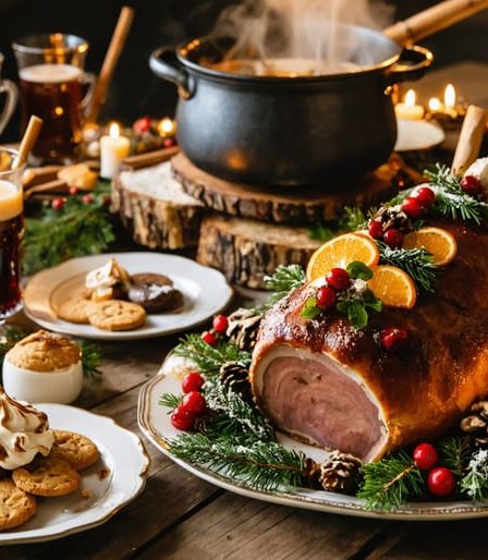 A festive Yule feast showcasing roasted wild game, honey and spice cookies, and a Yule log cake, with wassail steaming in the background, surrounded by holiday decor.