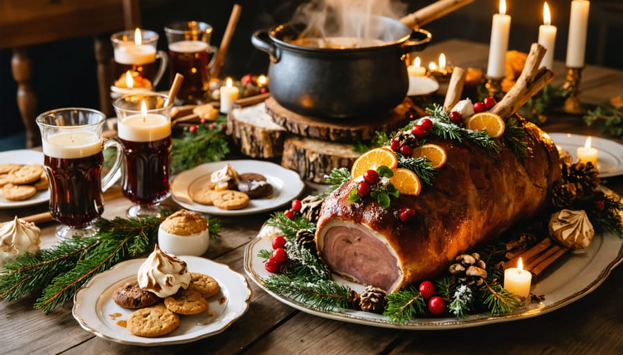 A festive Yule feast showcasing roasted wild game, honey and spice cookies, and a Yule log cake, with wassail steaming in the background, surrounded by holiday decor.