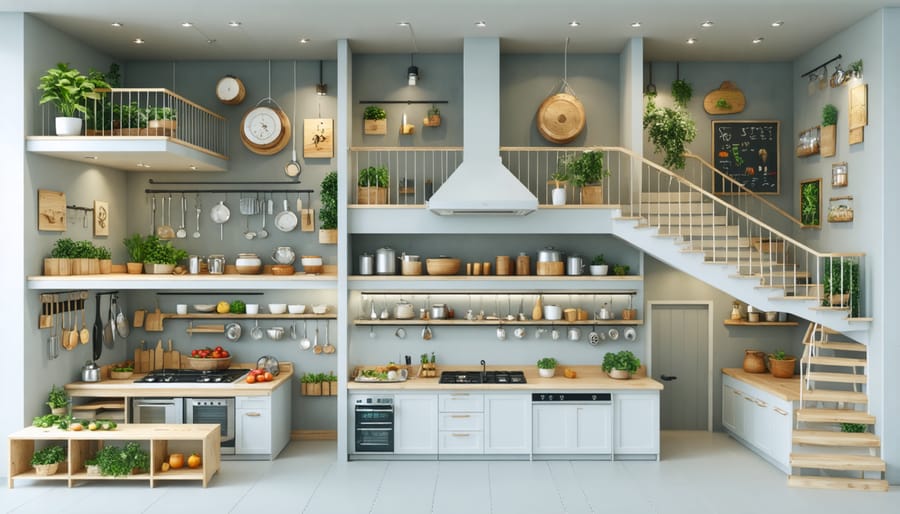 Kitchen counter with different height work stations and accessible cooking tools