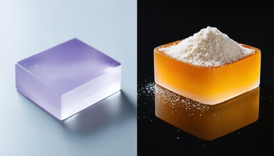 Raw agar agar strands next to white agar powder showing different forms of the seaweed-based gelatin alternative