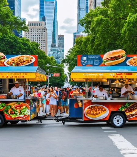 A lively street corner with diverse street food carts offering hot dogs, tacos, po' boys, and Cuban sandwiches, surrounded by chefs and a multicultural crowd. Cityscapes of New York, Los Angeles, New Orleans, and Miami loom in the background, highlighting America's street food culture.