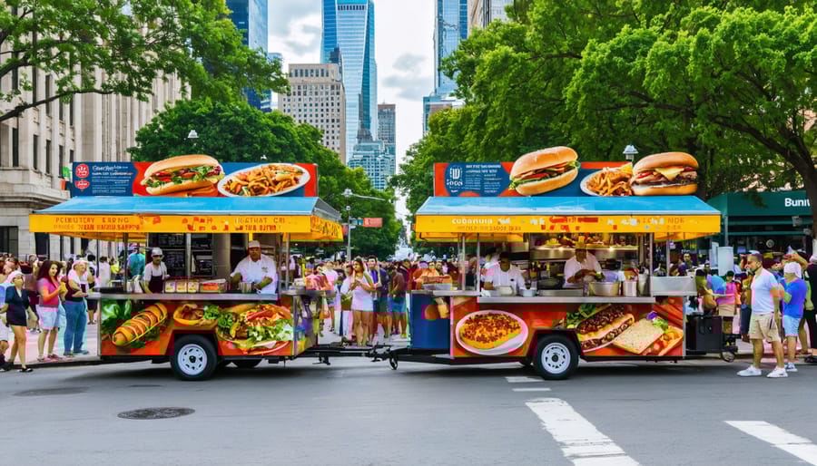 A lively street corner with diverse street food carts offering hot dogs, tacos, po' boys, and Cuban sandwiches, surrounded by chefs and a multicultural crowd. Cityscapes of New York, Los Angeles, New Orleans, and Miami loom in the background, highlighting America's street food culture.