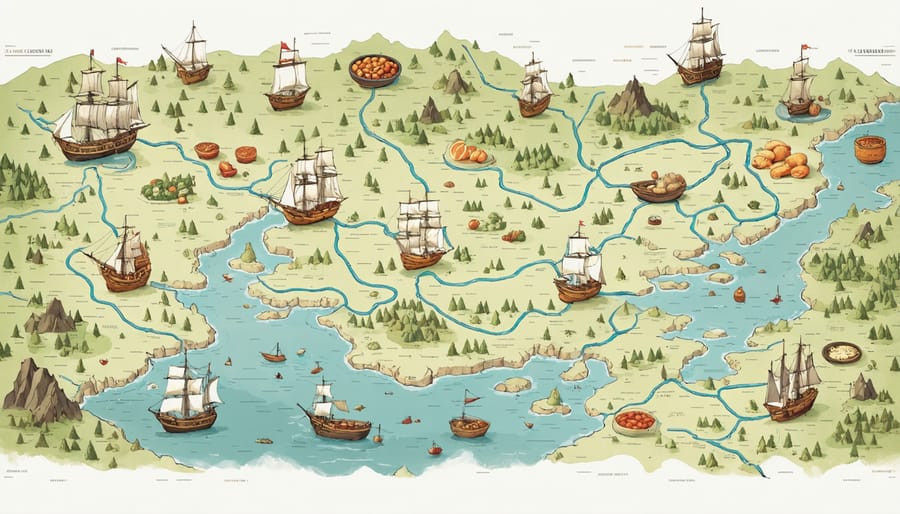 Historical trade routes map depicting the Silk Road and Maritime Spice Routes with preserved food illustrations