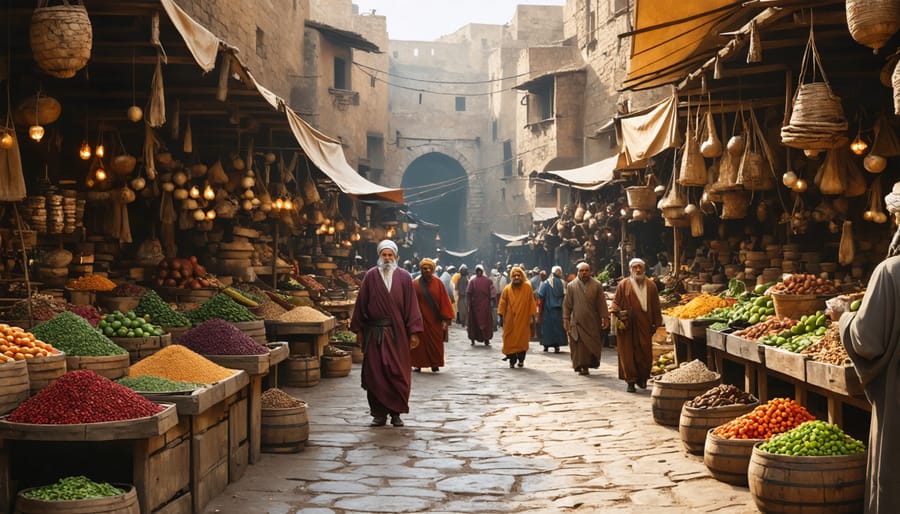 Ancient marketplace with merchants trading spices and preparing street food
