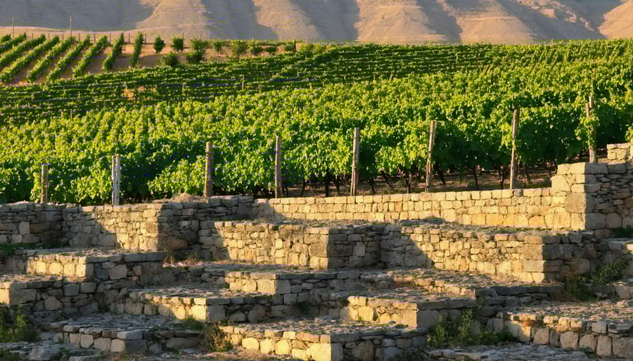 Historic vineyard in Israel showing traditional grape growing methods from biblical times