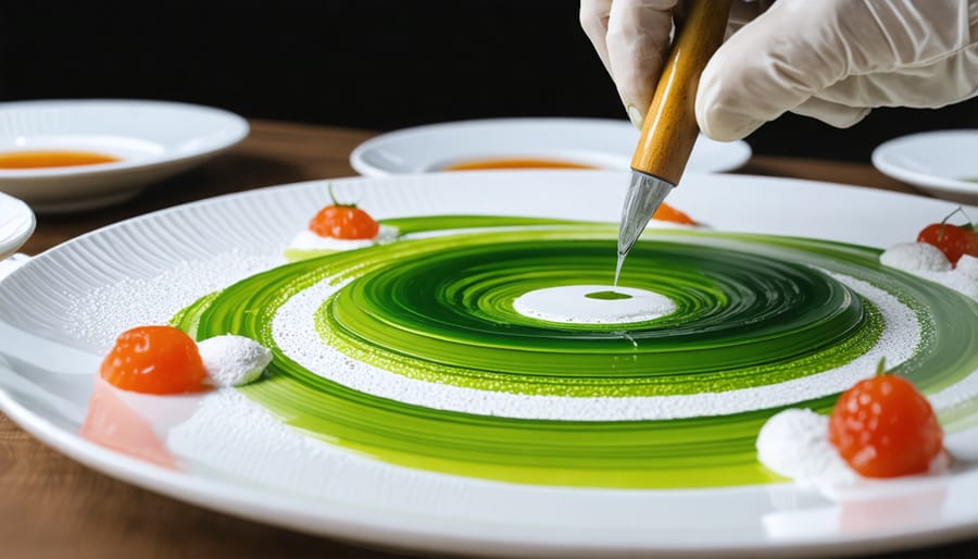 Sequential steps showing the creation of an artistic circular plate presentation