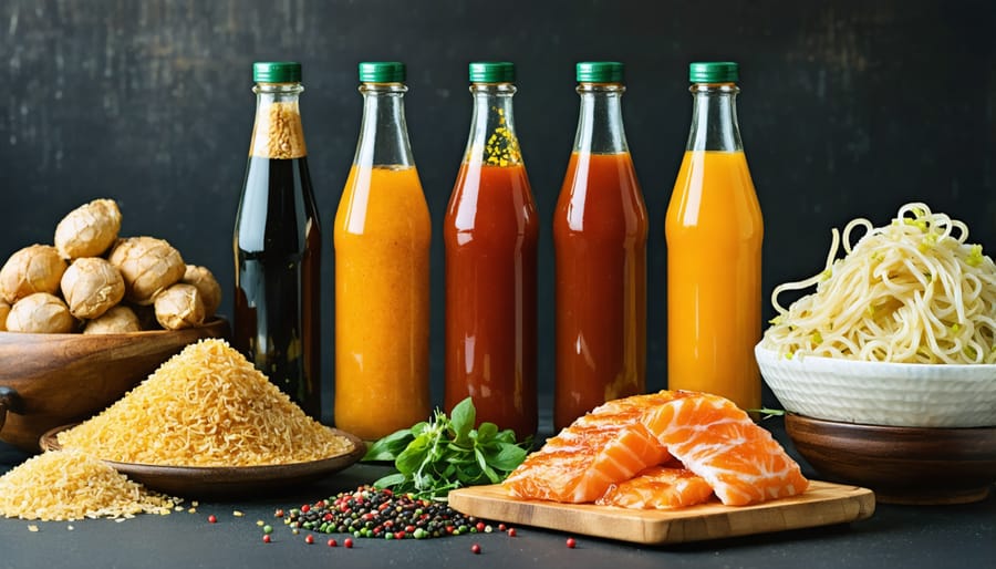 Collection of essential Asian street food ingredients arranged on a wooden surface