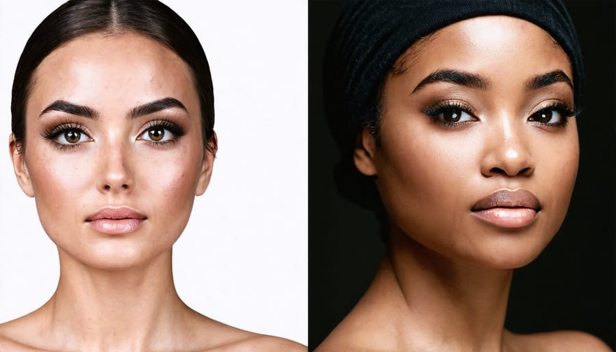 Side-by-side comparison showing the contrast between a perfect social media beauty photo and the actual setup with lighting and filters