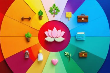 An abstract illustration of an interconnected wellness wheel with eight segments, each featuring beauty and self-care symbols, representing the 8 dimensions of self-care for holistic wellbeing.