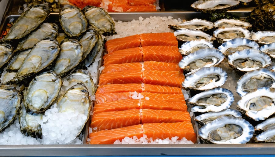 Variety of fresh Caribbean fish, lobster, and conch displayed on ice at a local market