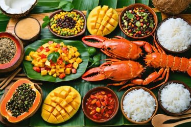 A vibrant and colorful display of traditional Belizean dishes including rice and beans, coconut fish stew, grilled spiny lobster, garnaches, and tropical fruits like mangoes and papayas, all set in a cozy Belizean kitchen filled with fresh herbs and spices.