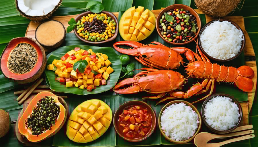 A vibrant and colorful display of traditional Belizean dishes including rice and beans, coconut fish stew, grilled spiny lobster, garnaches, and tropical fruits like mangoes and papayas, all set in a cozy Belizean kitchen filled with fresh herbs and spices.