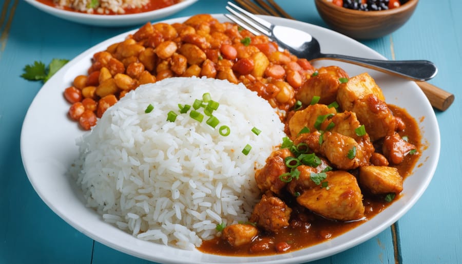 A colorful plate of Belizean rice and beans with stewed chicken, fried plantains, and coleslaw